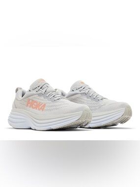 Hoka Wmns Bondi 8 'Harbor Mist' Light Gray Running Shoes with Peach Accents
